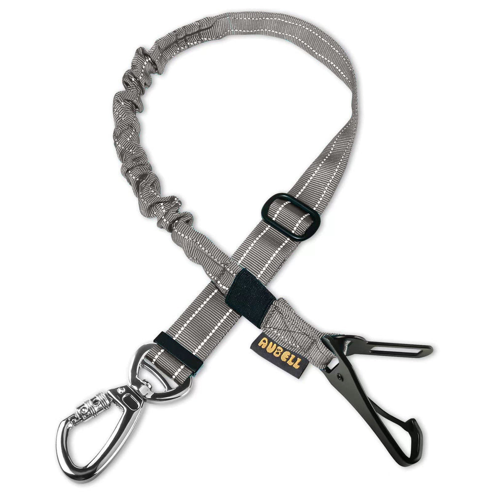 Sangle de sécurité AUBELL pour chien en voiture, système 3-en-1 illustrant la fixation polyvalente.