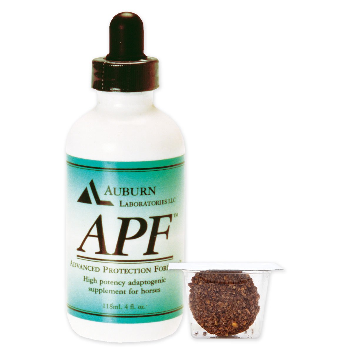APF d'Auburn Laboratories Inc. sur la bouteille, soutient l'équilibre et le confort quotidien du cheval.