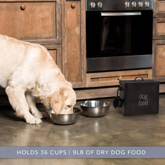 AuldHome Design Canister noir rétro – étiquette Nourriture pour chien visible.