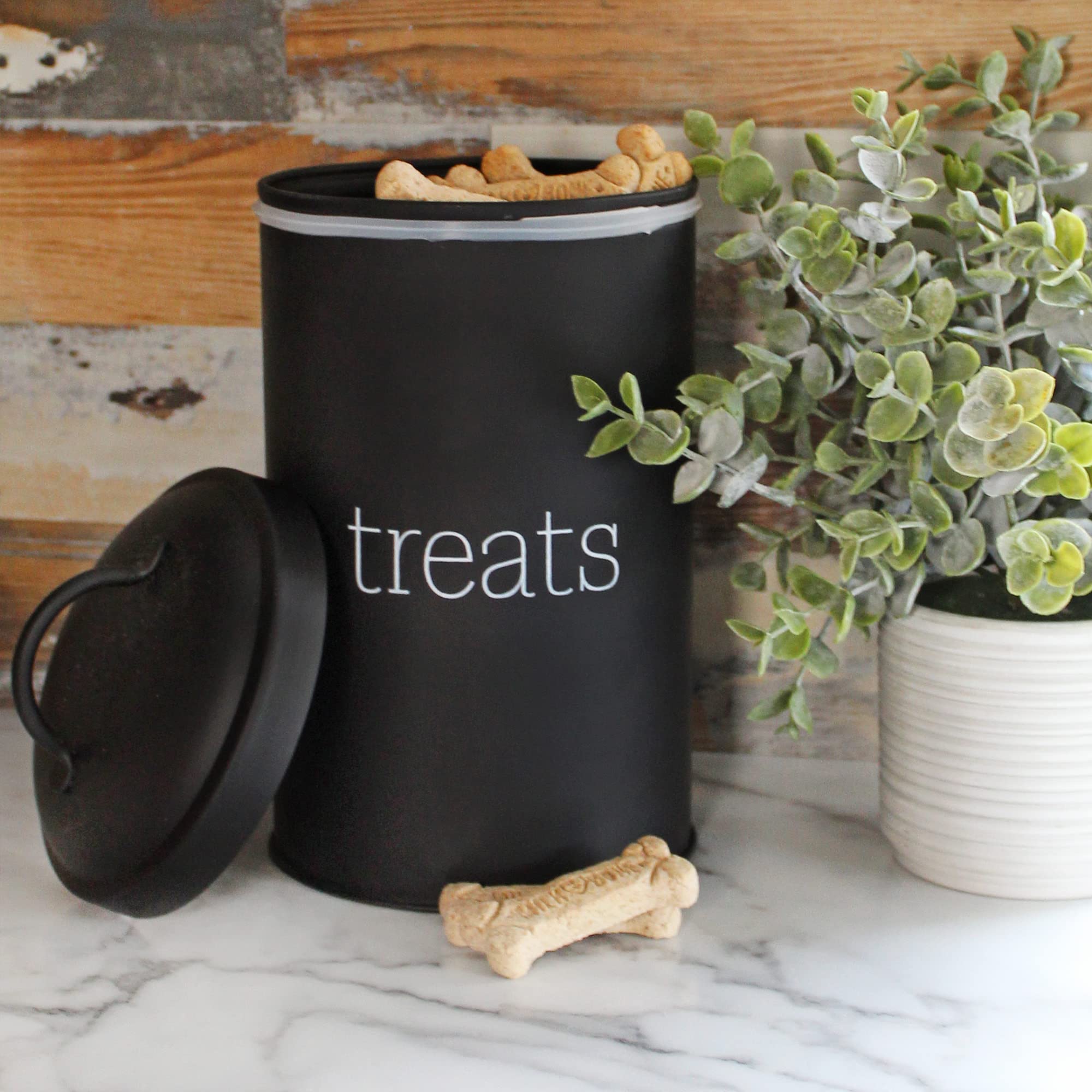 AuldHome Design pot friandises chien noir, couvercle étanche en caoutchouc assure fermeture fiable.