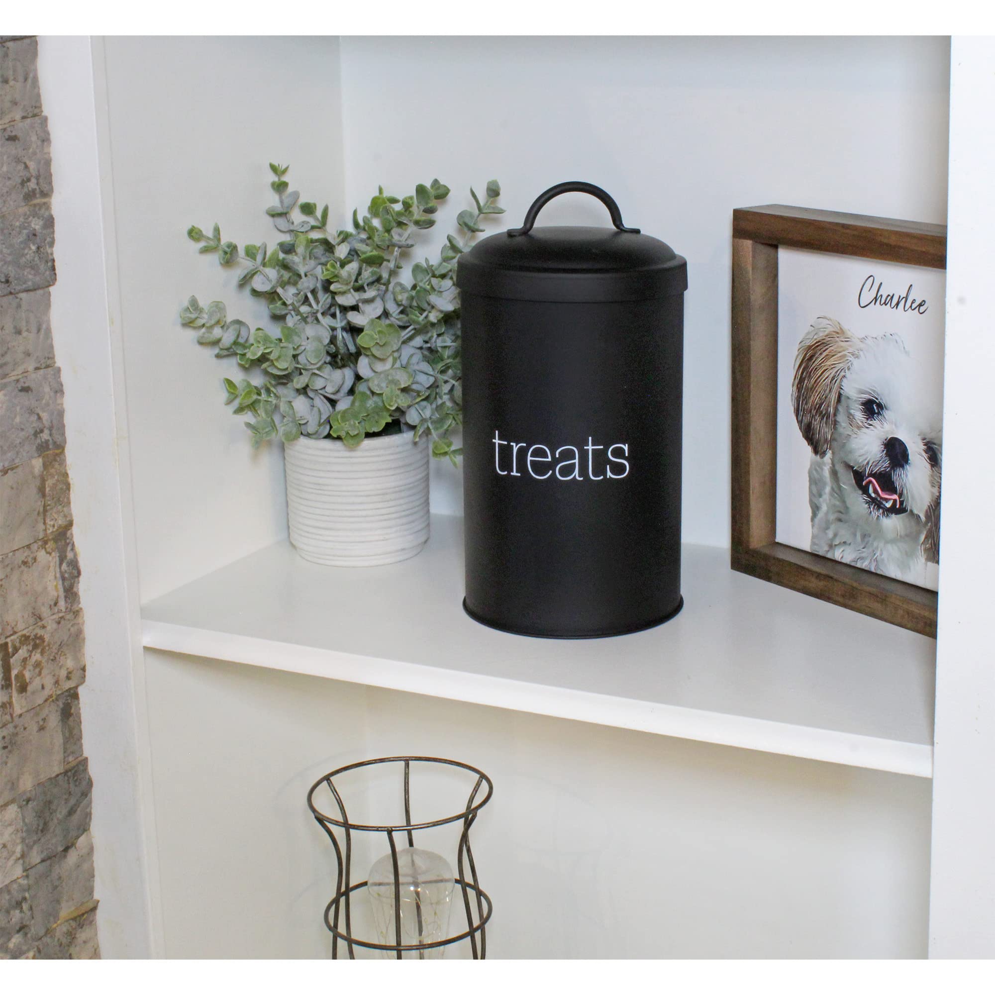 AuldHome Design pot friandises chien noir, émaillage noir durable et esthétique.