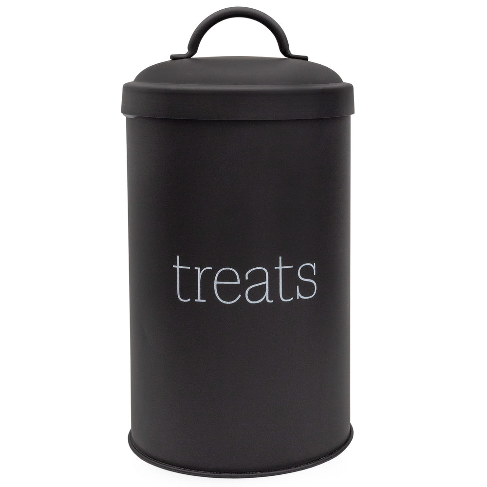AuldHome Design pot friandises chien noir sur plan de travail, rangement élégant et pratique.