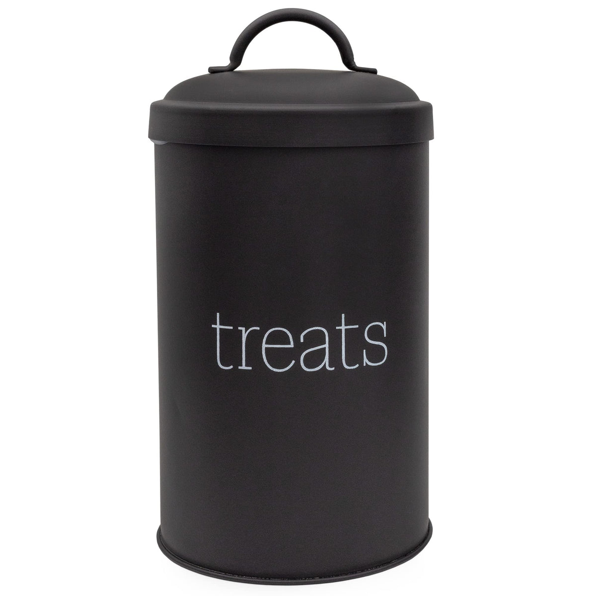 AuldHome Design pot friandises chien noir sur plan de travail, rangement élégant et pratique.