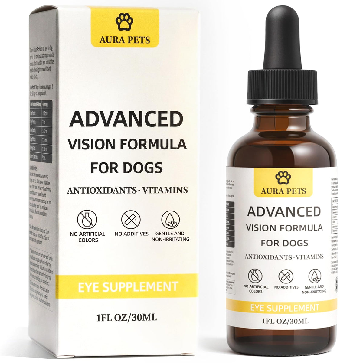 Aura Pets gouttes sous-langue en flacon, soutien potentiel à la vision du chien.