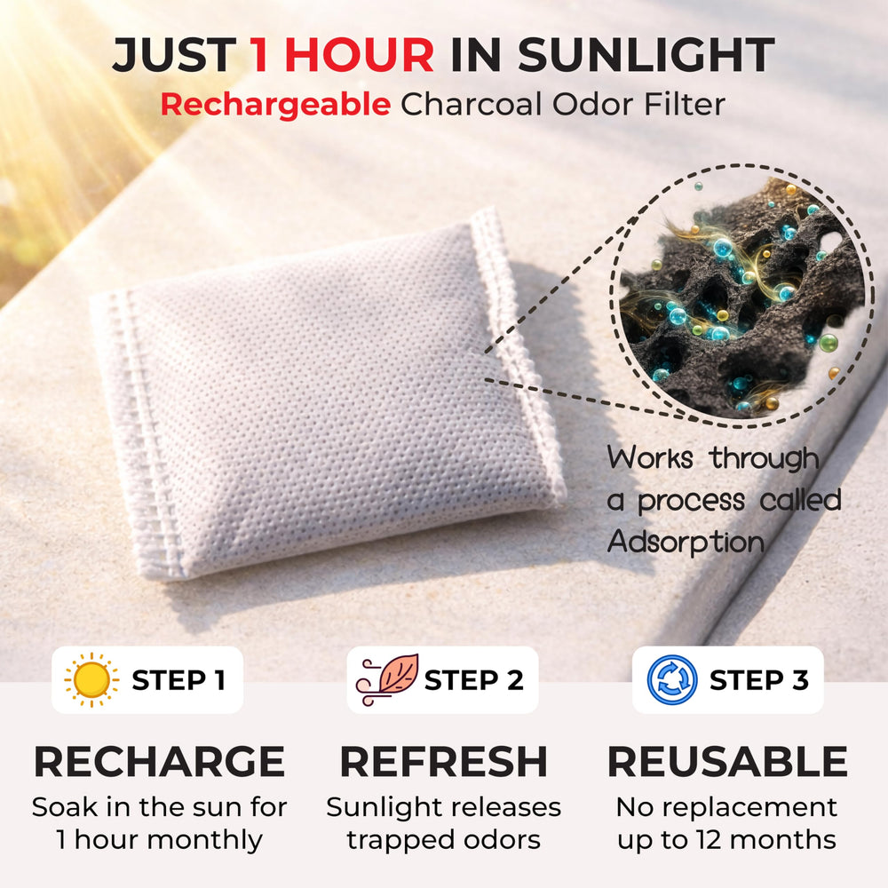 Filtre charbon réutilisable exposé au soleil pour neutraliser les odeurs.