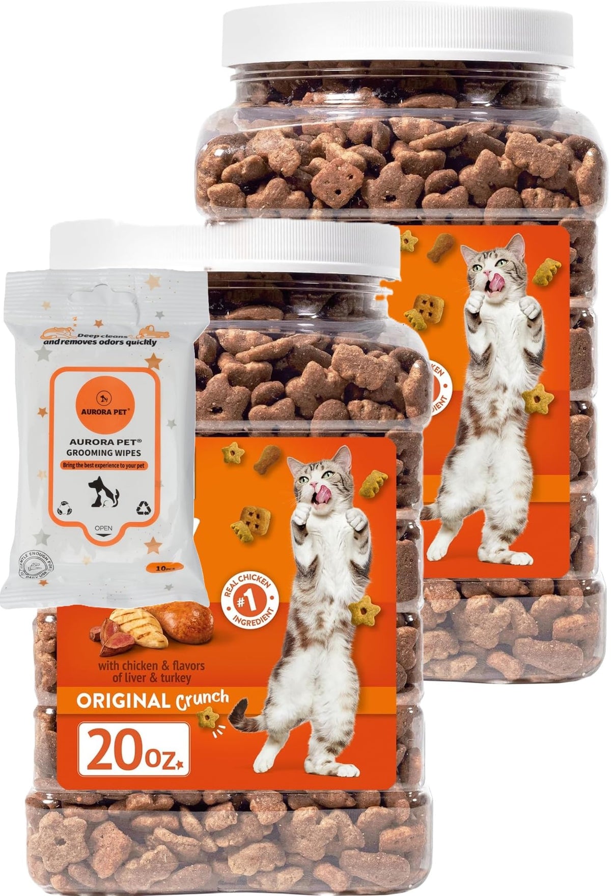 Lot Aurora Pet avec friandises chat au poulet et lingettes soin.
