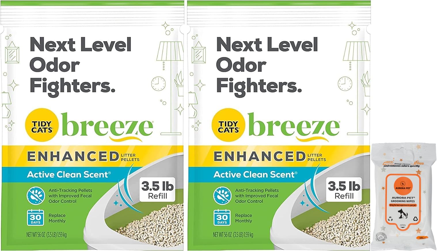 Ensemble Aurora Pet Breeze et lingettes prêts à l'emploi pour chats.