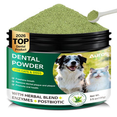 AUROS Poudre Dentaire pour chien – sourire brillant après utilisation en douceur.