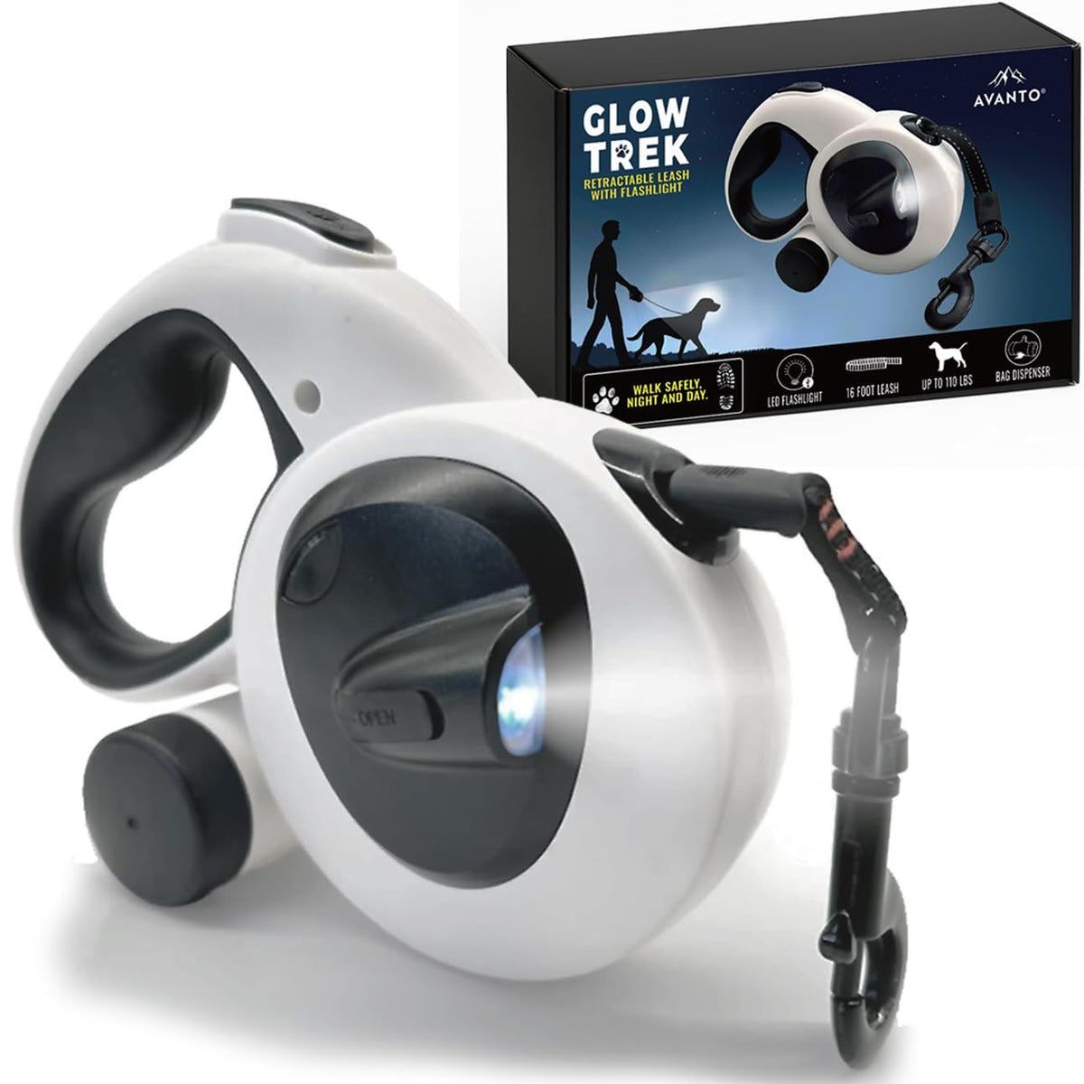 AVANTO Laisse retractable avec phare LED, visibilite nocturne etendue.