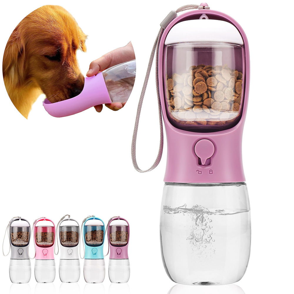 Gourde AVELORA pour chien avec récipient alimentaire, pratique en promenade.