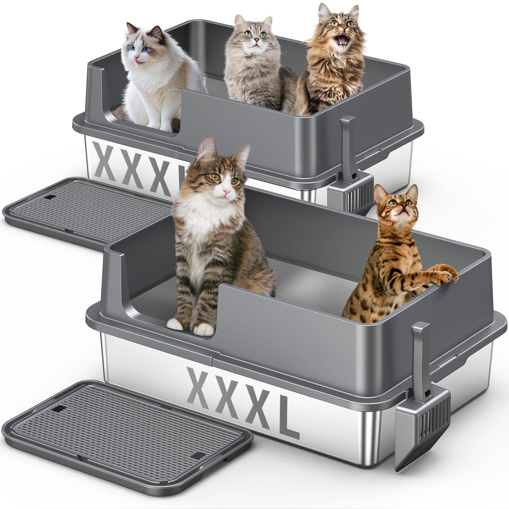 Avgooscalb 2-pack litière acier inox XXL ensemble, espace généreux pour grands chats.