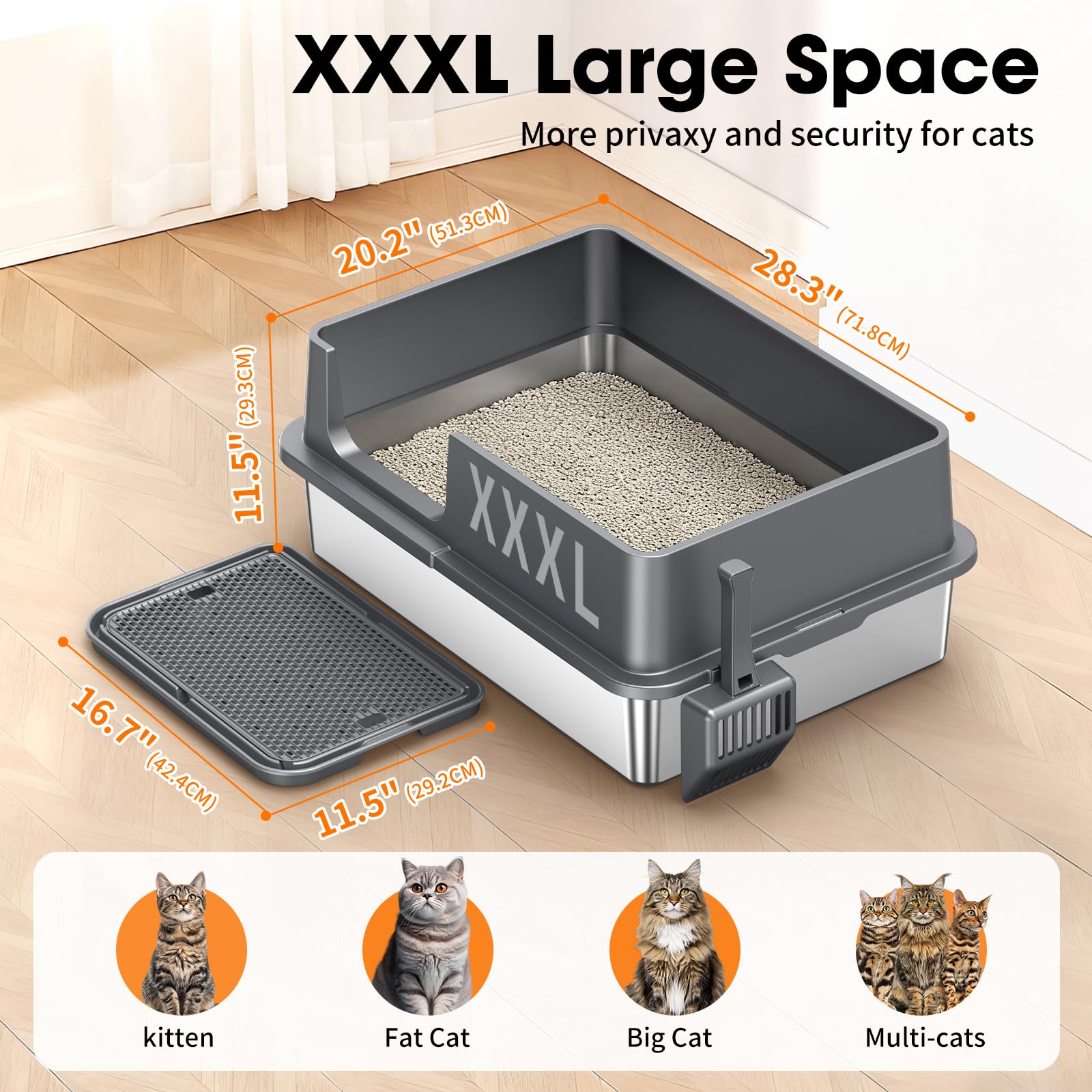 Avgooscalb litière acier inox XXL, ouverture côté pour entrée facile.