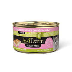 AvoDerm Morceaux poulet en sauce dans une boîte, texture tendre pour chats actifs.