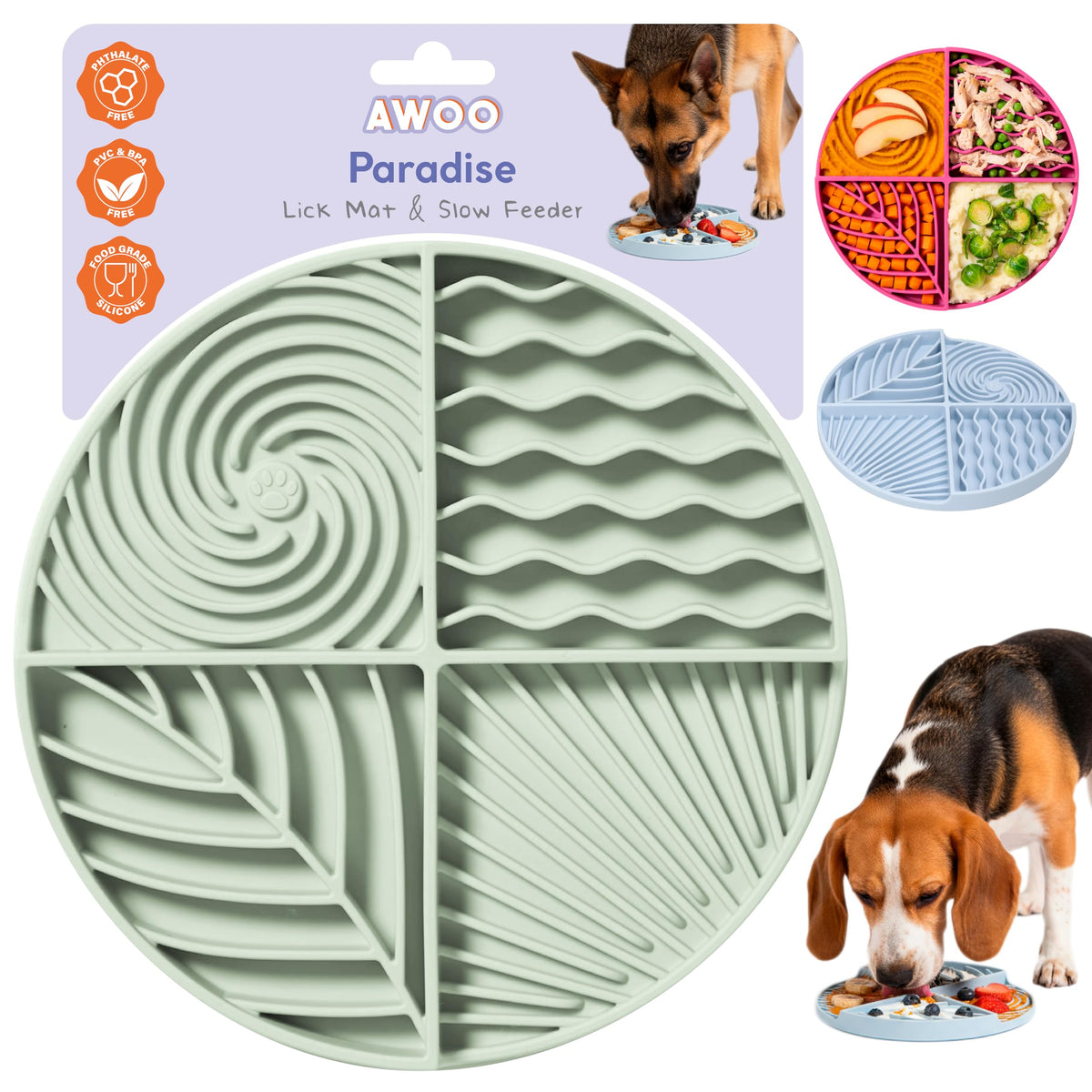 Tapis-lècheur Awoo Paradis en silicone, surface lisse pour repas prolongés.