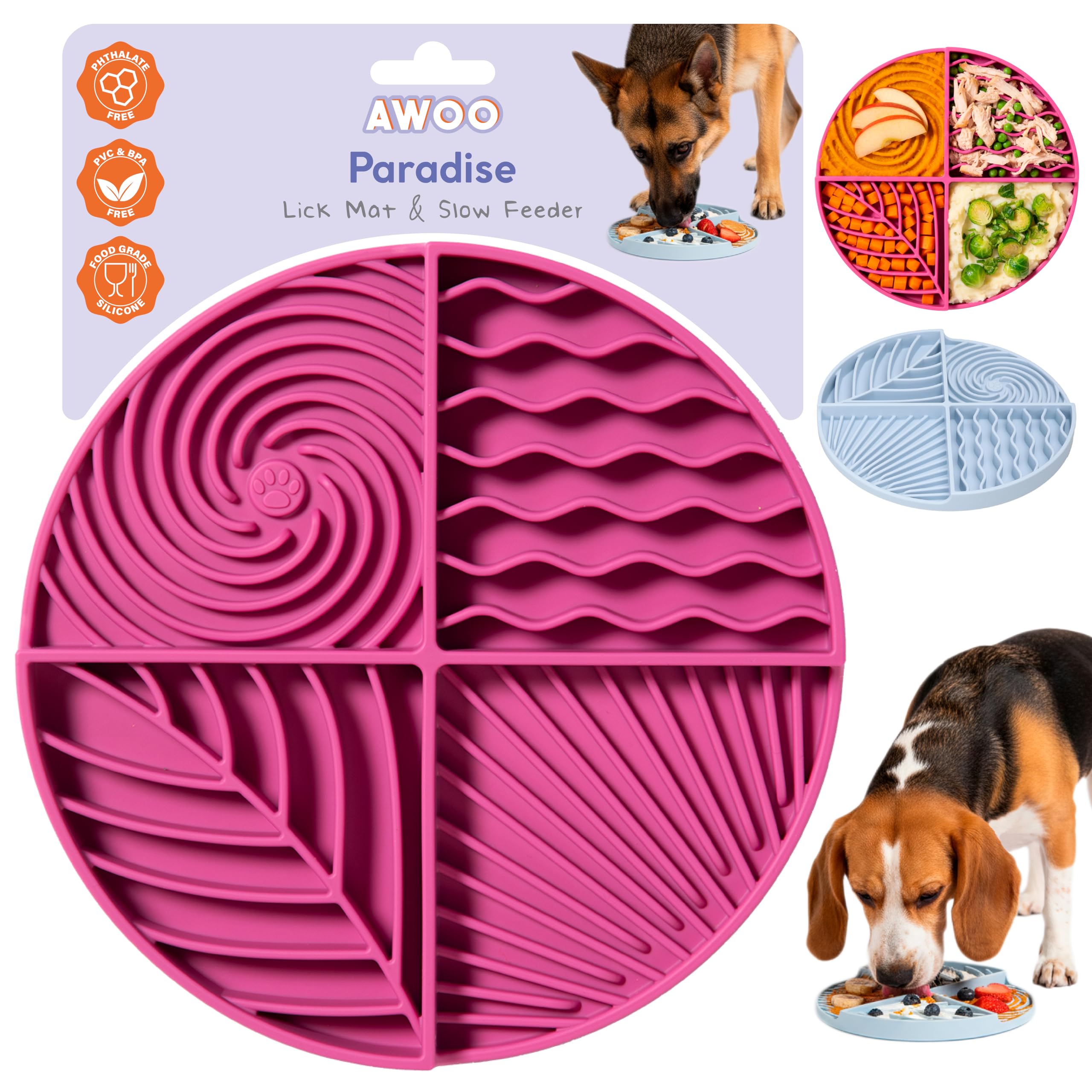 Le tapis de léchage Awoo Paradis en silicone ralentit les repas et stimule l'attention.