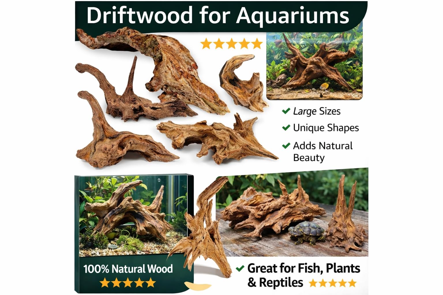 Azil bois flotté naturel convient aussi bien aux aquariums d'eau douce qu'aux marins.