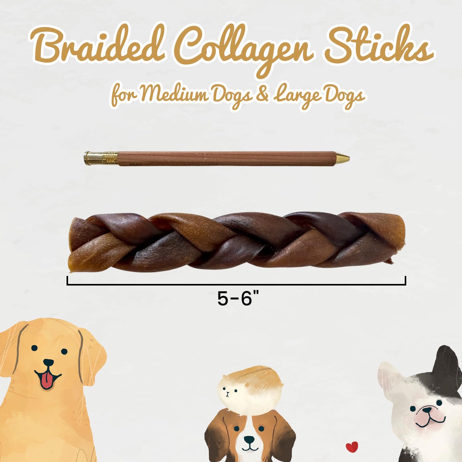 AZRAPAWS batons collagene tresses pour chien grand de 5-6 pouces, résistance accrue.