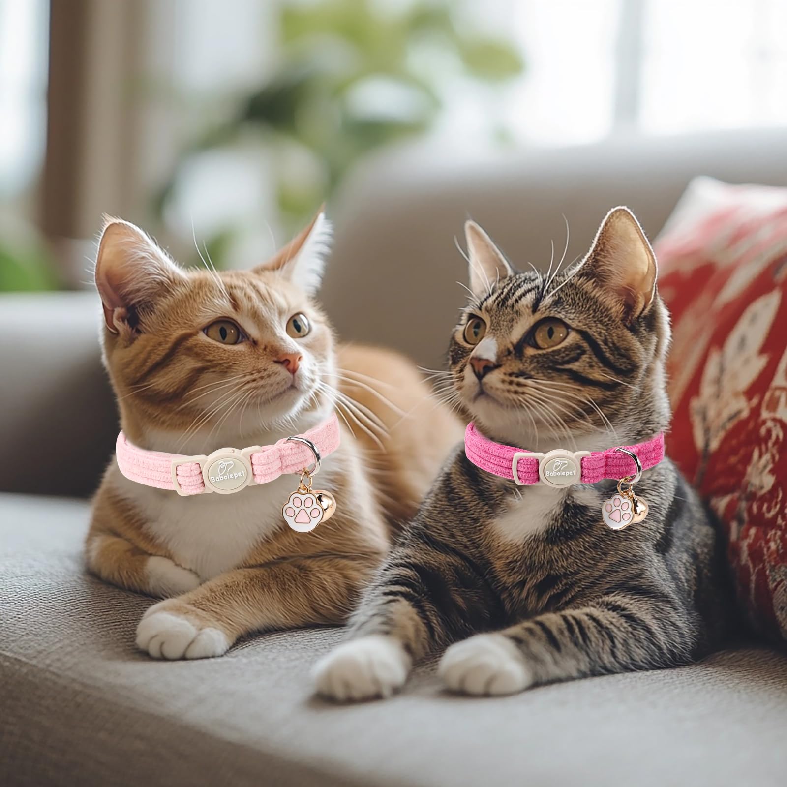 Babole Pet collier corduroy rose clair avec clochette et pendentif patte pour style ludique.