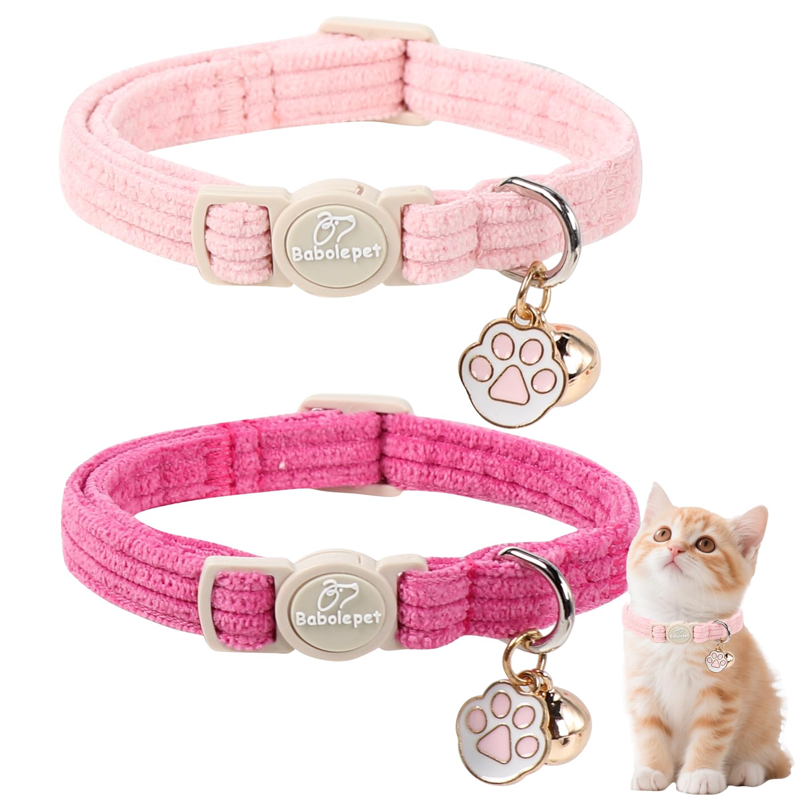 Babole Pet collier corduroy rose clair pour chat, confort doux et sécurité quotidienne.