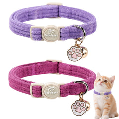 Collier Babole Pet velours côtelé lavande et rose avec sécurité d’ouverture d’urgence pour chats sensibles.