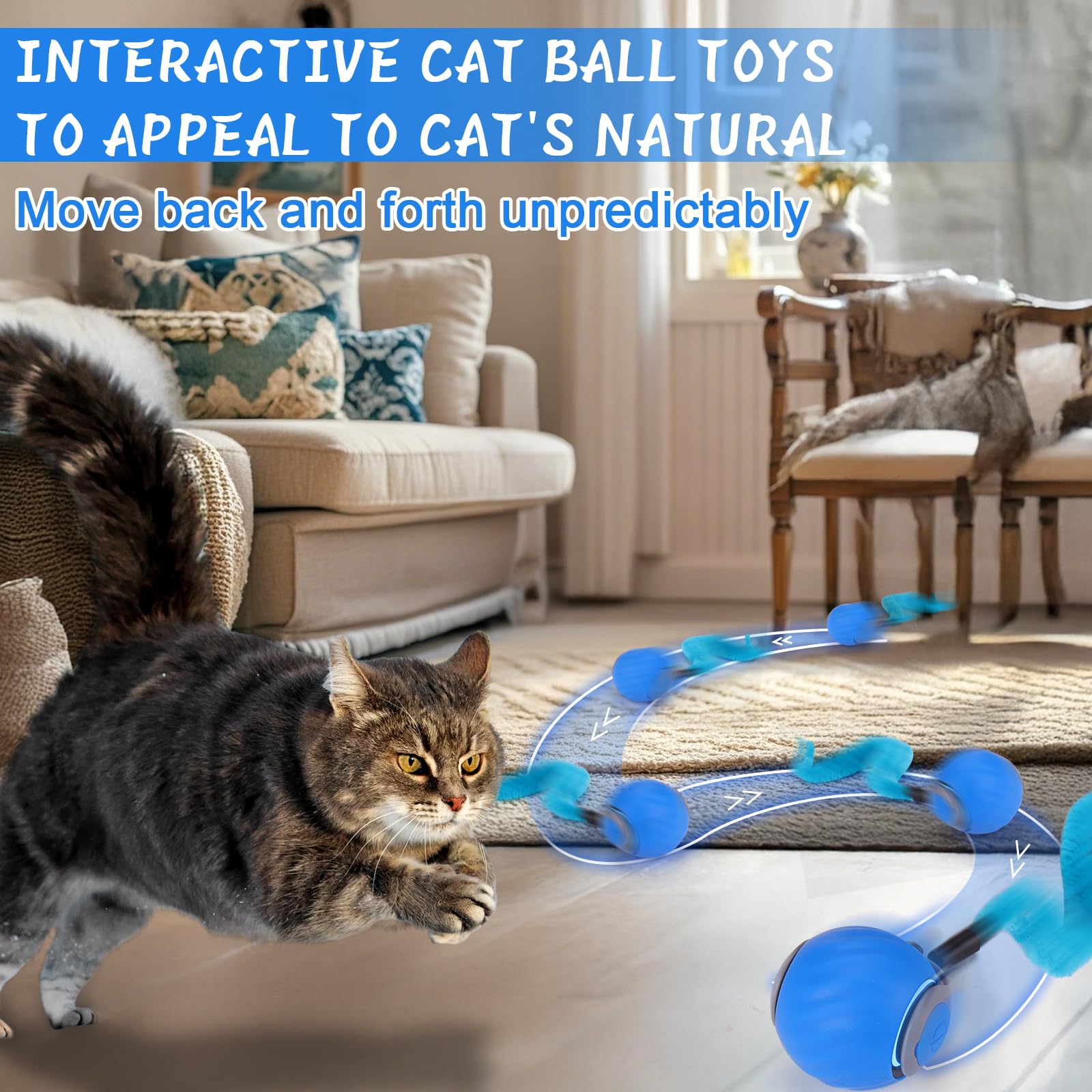 Baborui balle chat roulant sur tapis, divertissement intérieur sûr.