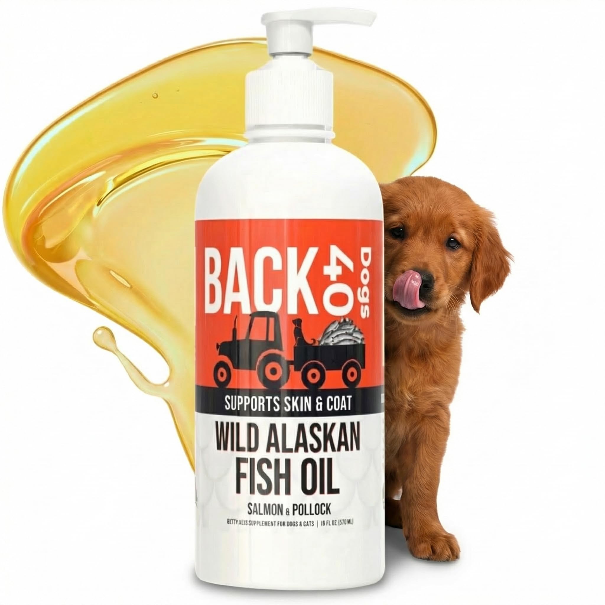 Back 40 Dogs huile poisson Alaska — flacon pratique, soutien du pelage et de la peau.