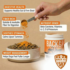 Back 40 Dogs Poudre Citrouille, servie directement sur la nourriture du chien.
