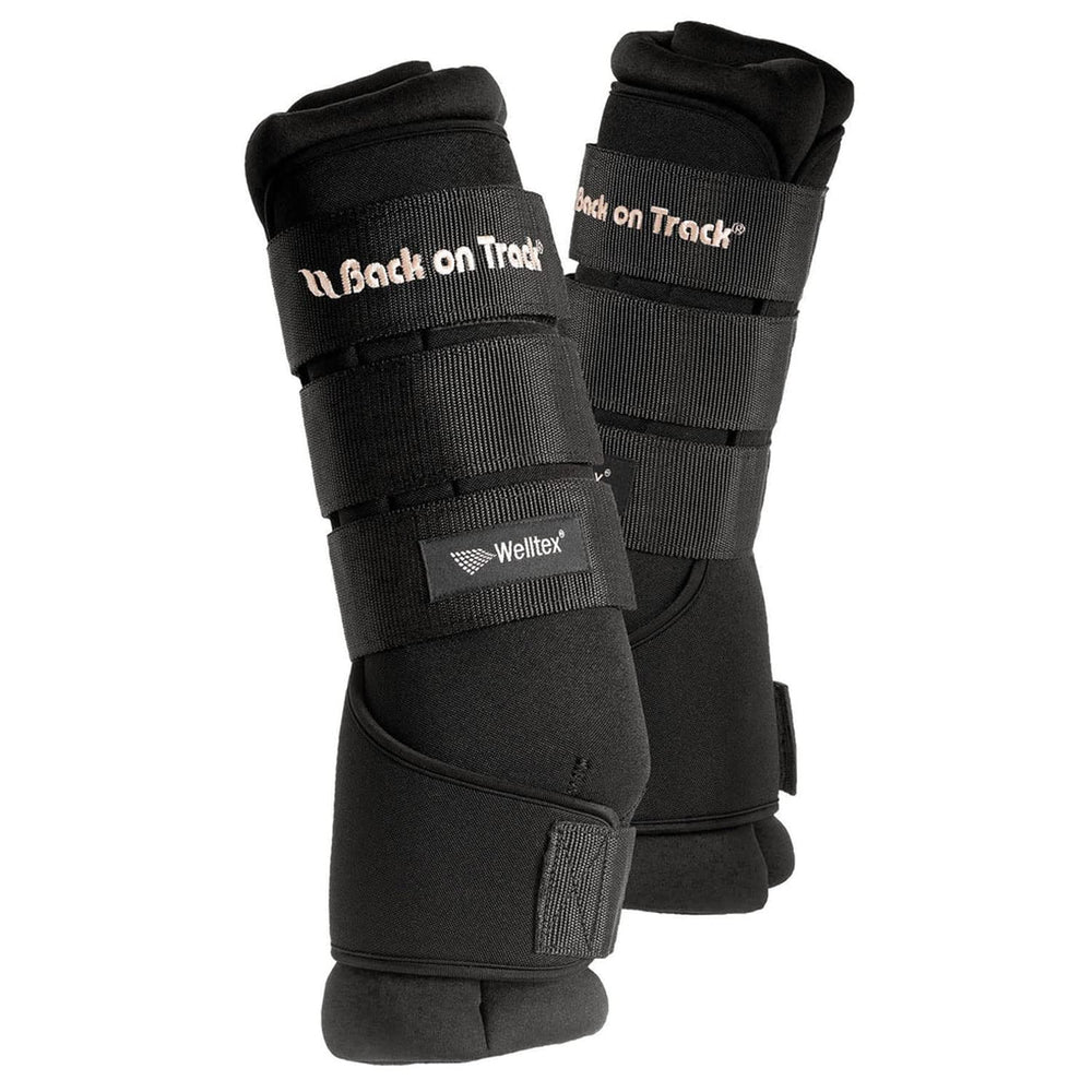 Back on Track Quick Wraps : paire noire avec fermeture velcro pour un maintien sûr en écurie.