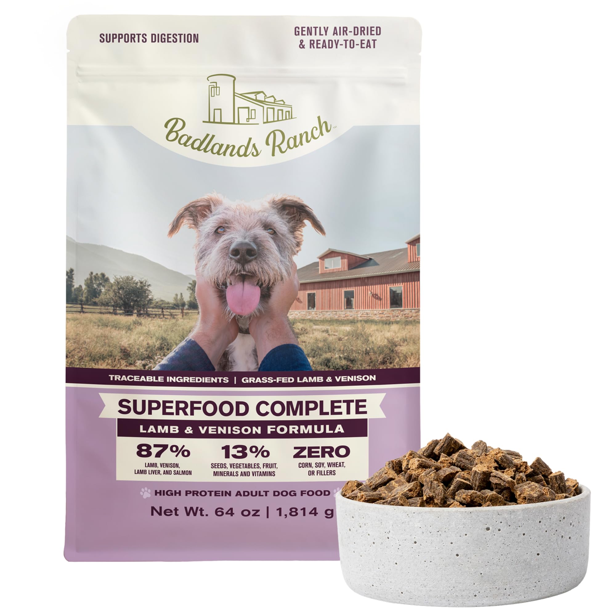 BADLANDS RANCH alimentation chien agneau et venaison sechee a l'air, nutriments pratiques
