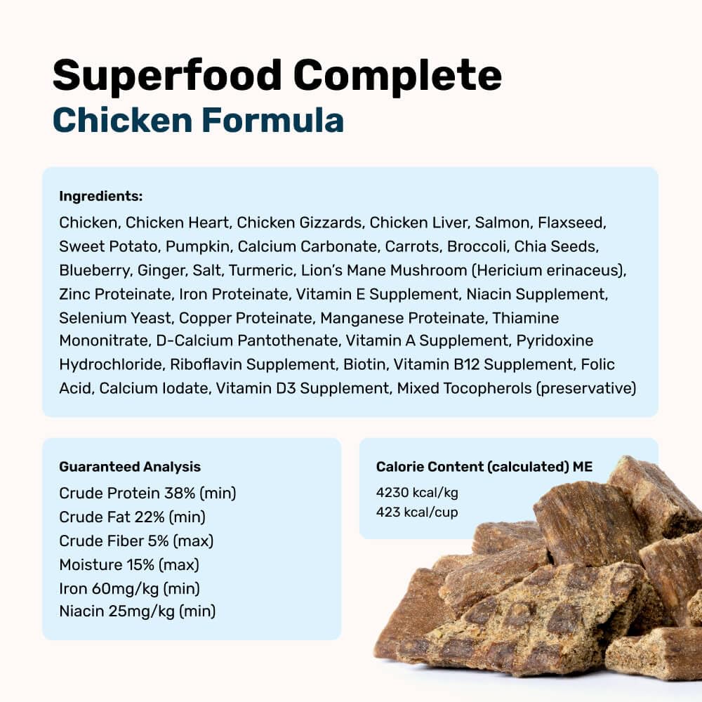 BADLANDS RANCH ingrédients poulet-coeur-foie-saumon, pour une nutrition complète.