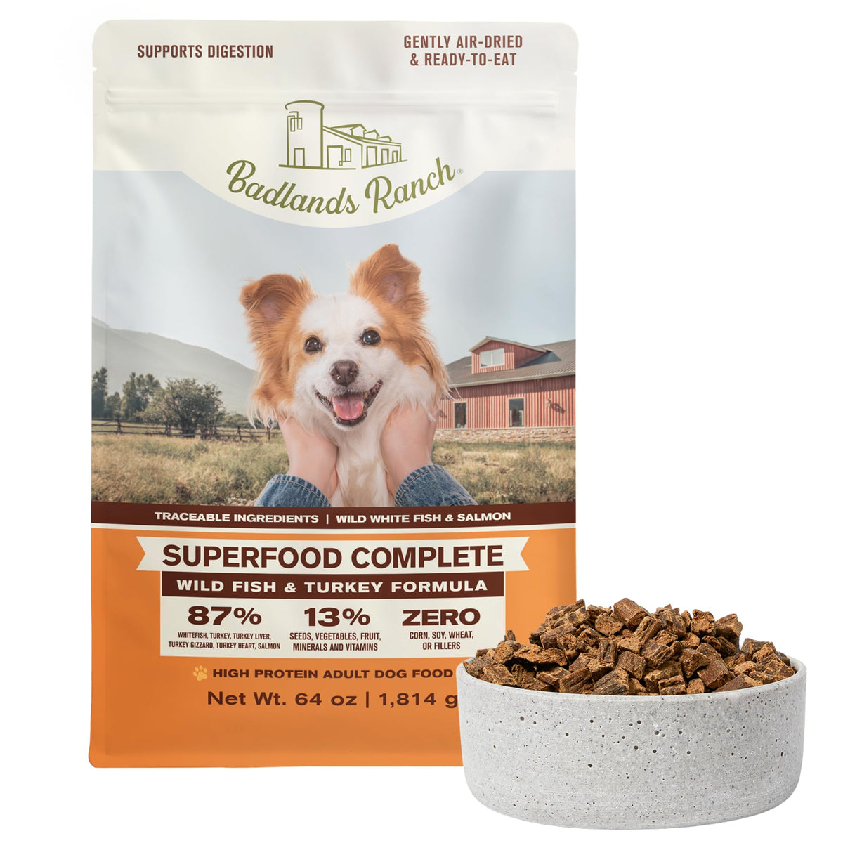BADLANDS RANCH – Nourriture pour chien séchée à l'air avec poisson et dinde, texture appétente.