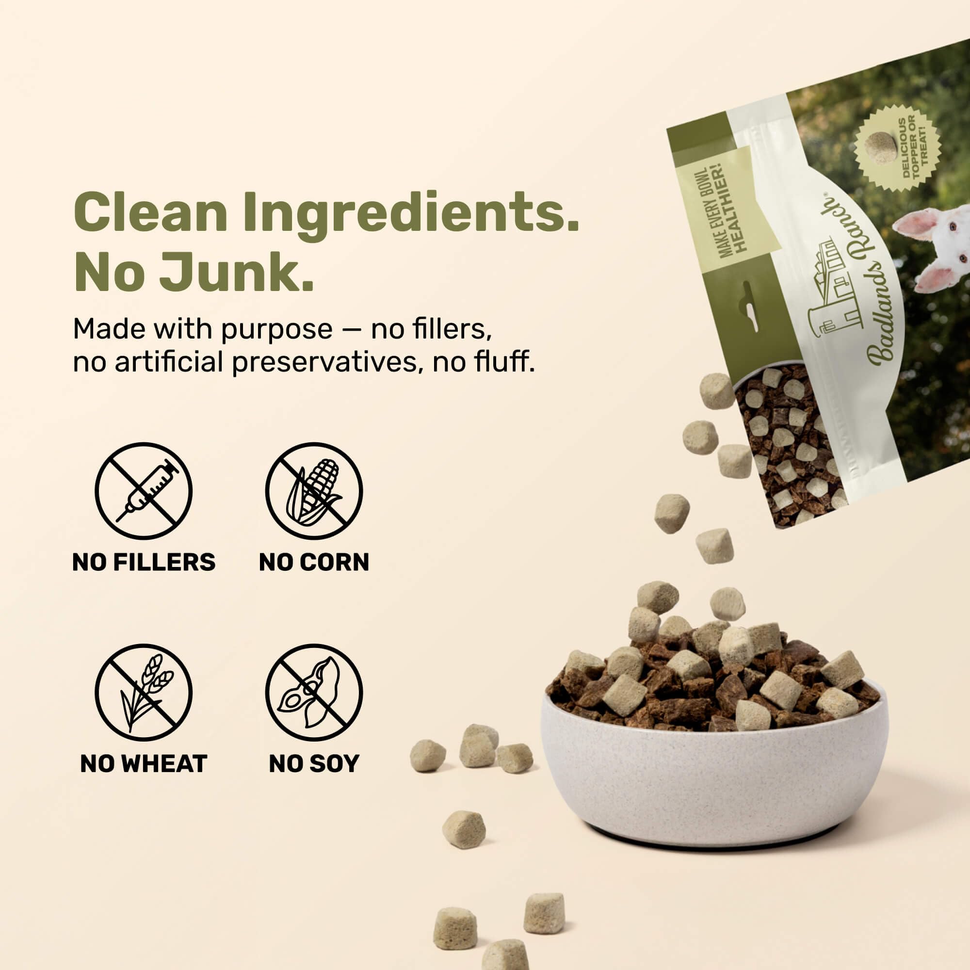 BADLANDS RANCH Superfood Nuggets – Kale, citrouille et cerise acide apportant antioxydants.