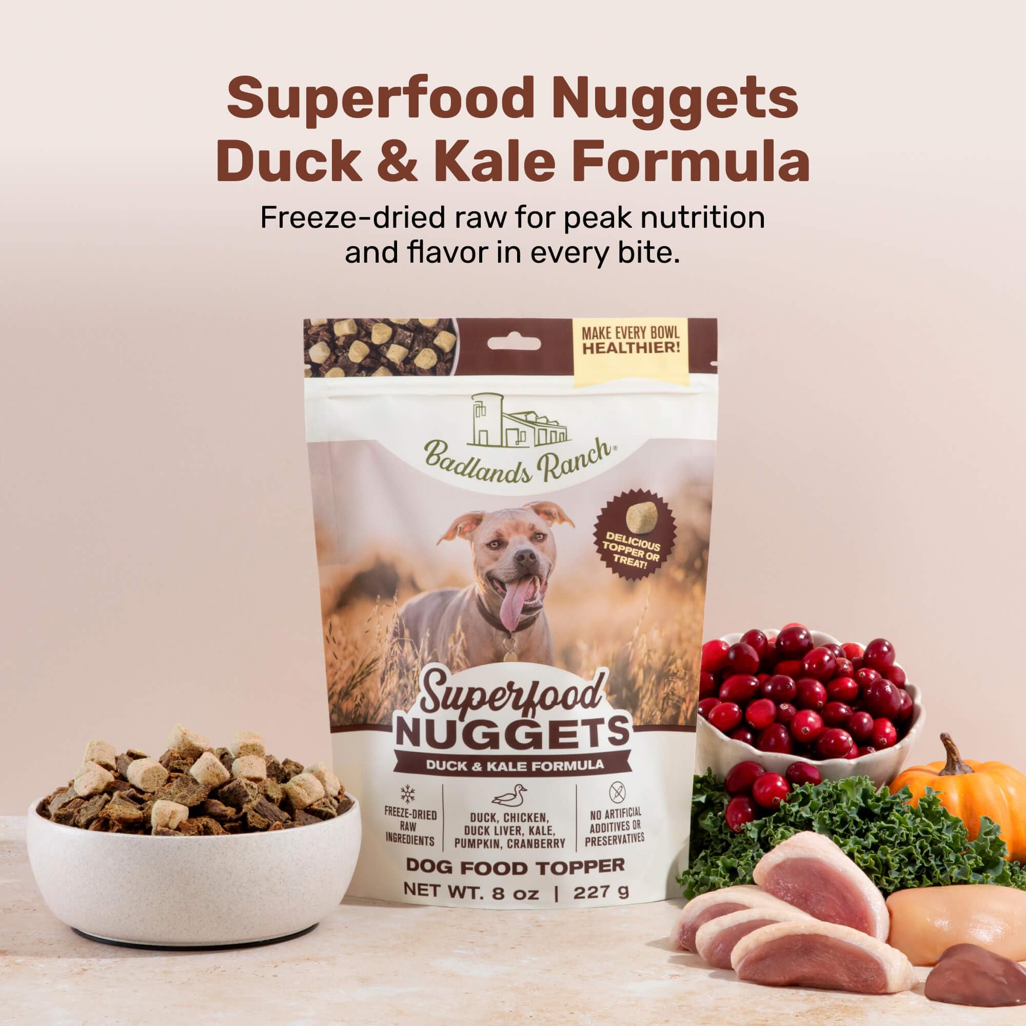 Morceaux de canard dans les Nuggets BADLANDS RANCH, protéine pour chien actif.