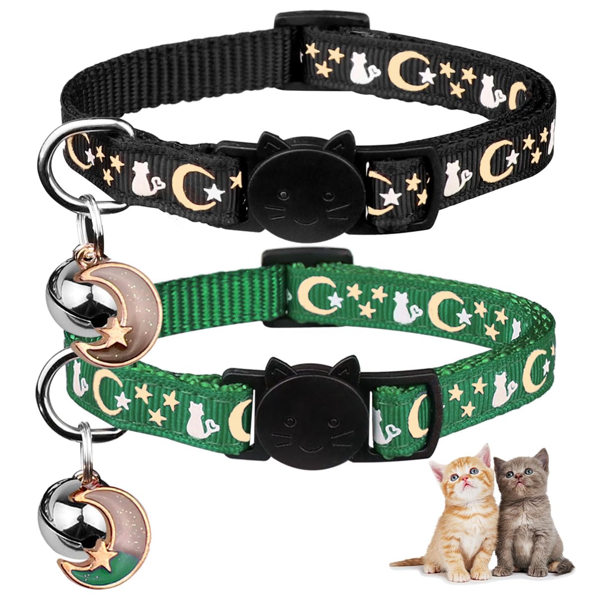 Collier Baeuppit pour chat avec lune et étoile, brillant dans le noir.