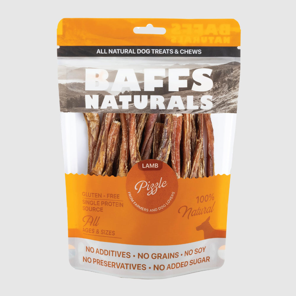 Baffs Naturals bâtonnets pizzle d'agneau pour chiens, emballage clair et sûr.