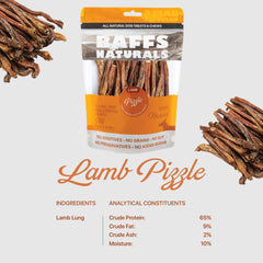 Baffs Naturals bâtonnets pizzle d'agneau, texture naturelle pour mastication prolongée.