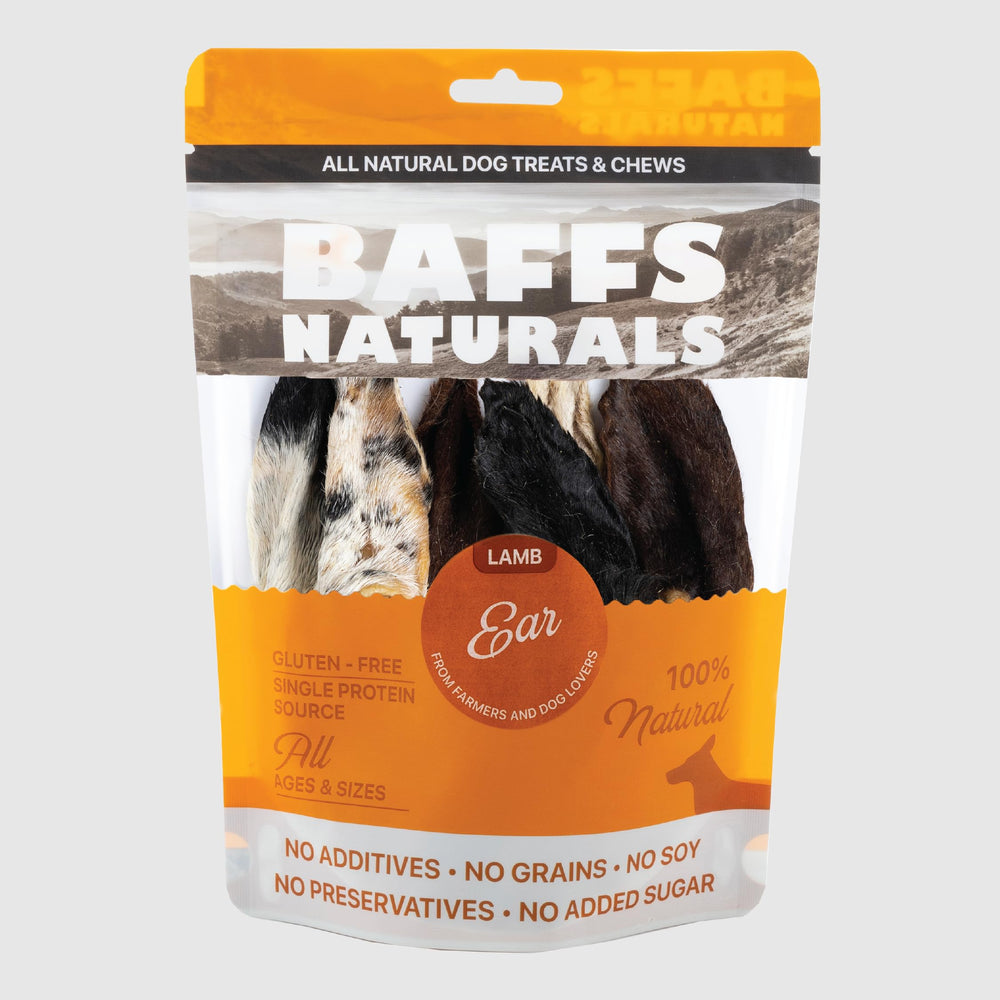 Baffs Naturals – Oreilles d’agneau pour chien, emballage pratique et snack naturel.