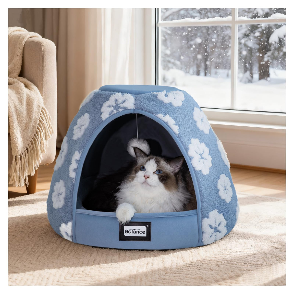 BALANCE lit-cave bleu de 19 pouces pour chat, refuge confortable.