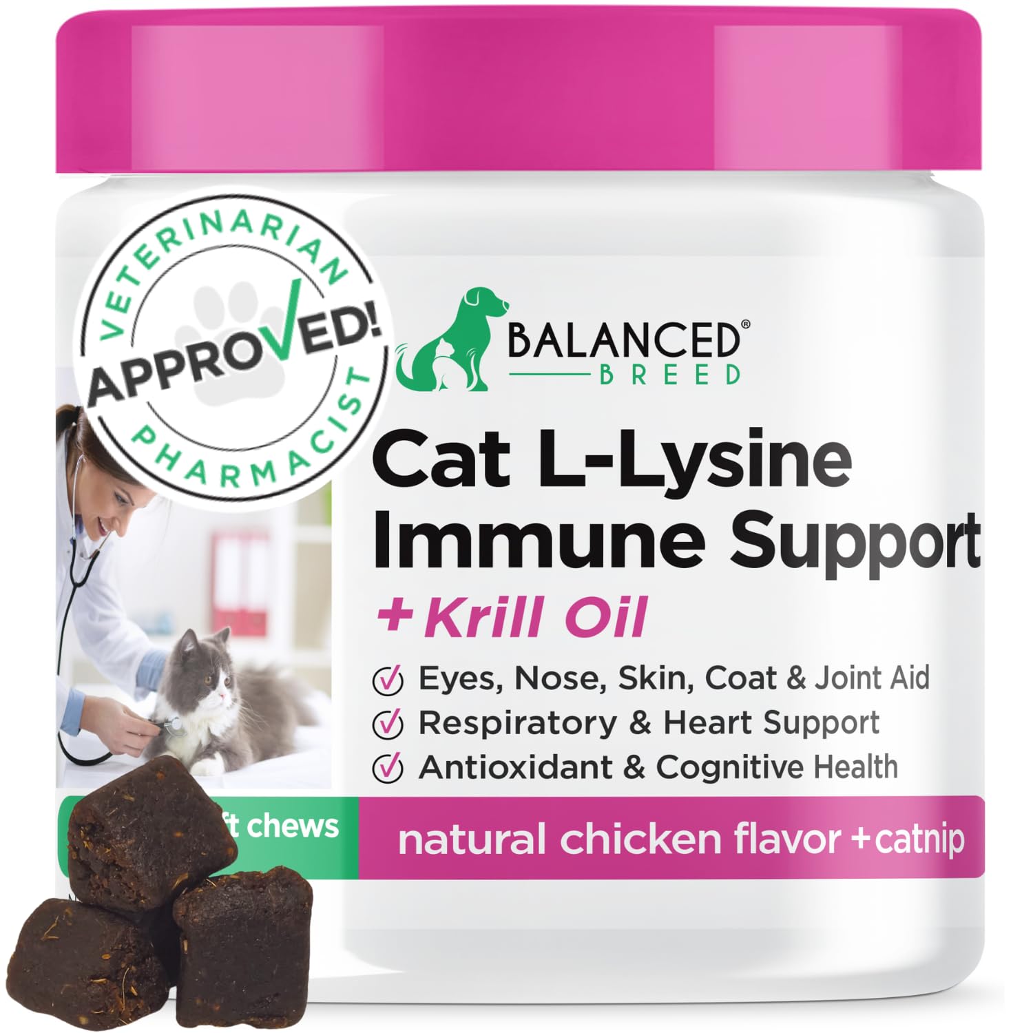 Balanced Breed L-Lysine pour chats, emballage clair et présentation du produit.