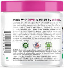 Balanced Breed L-Lysine pour chats, ingrédients omega-3 et krill inclus.