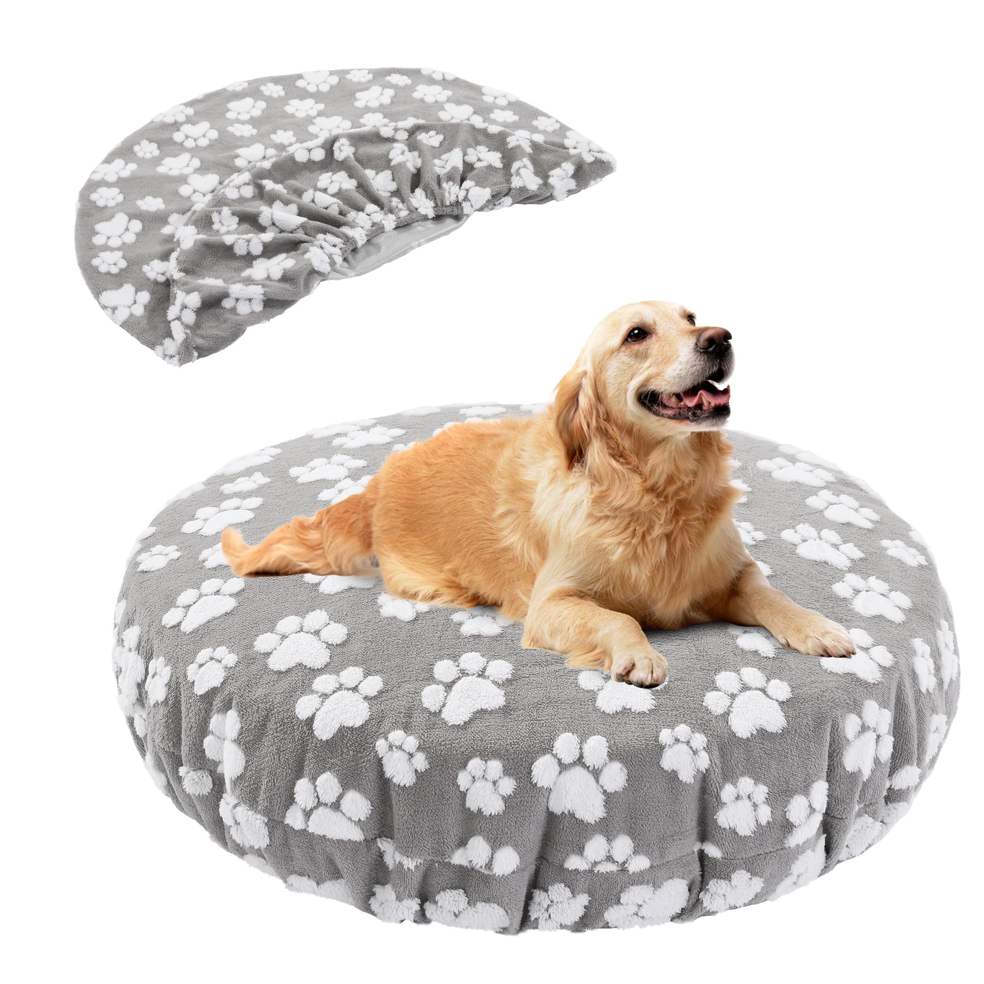 BALAPET Housse lit chien rond imprimé patte gris – douceur et style pour le repos.