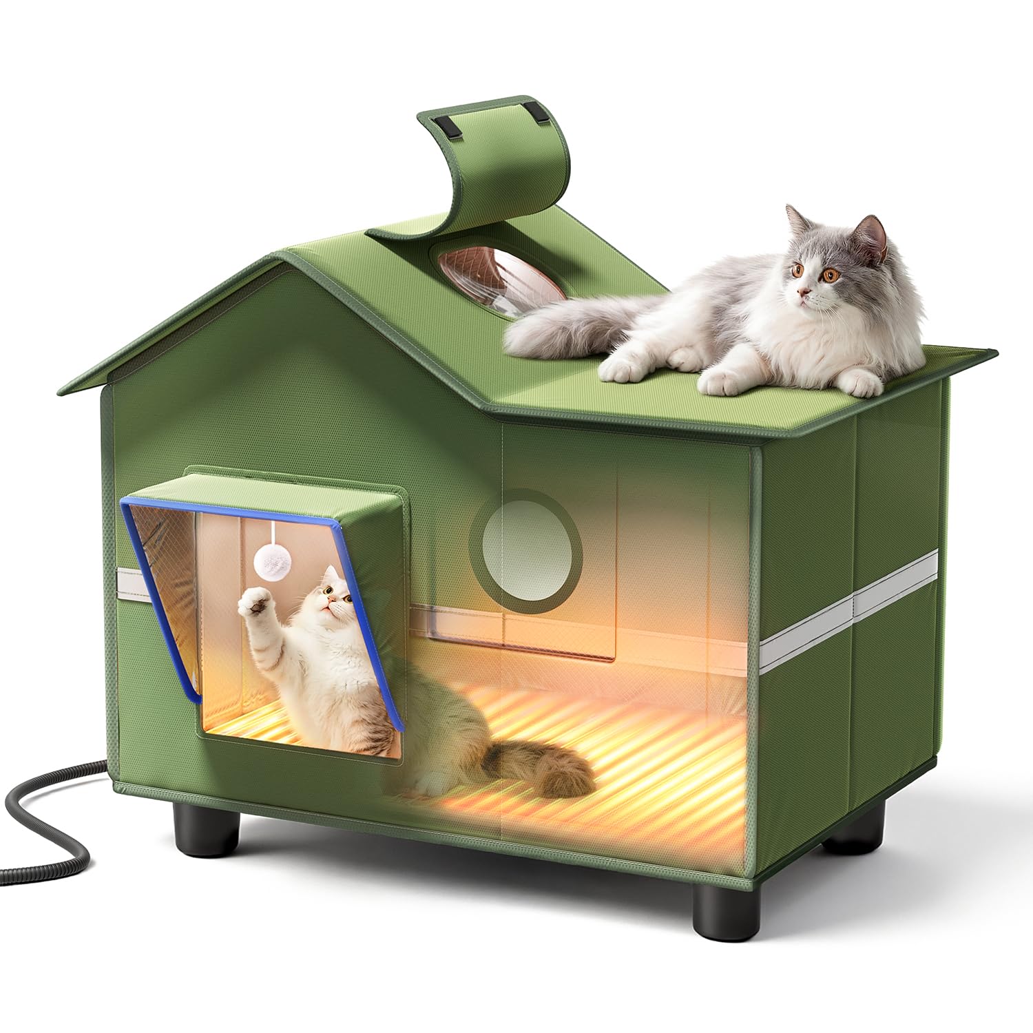 Banxye abri chat chauffé – vue extérieure avec toit et fenêtre, refuge sûr et lumineux