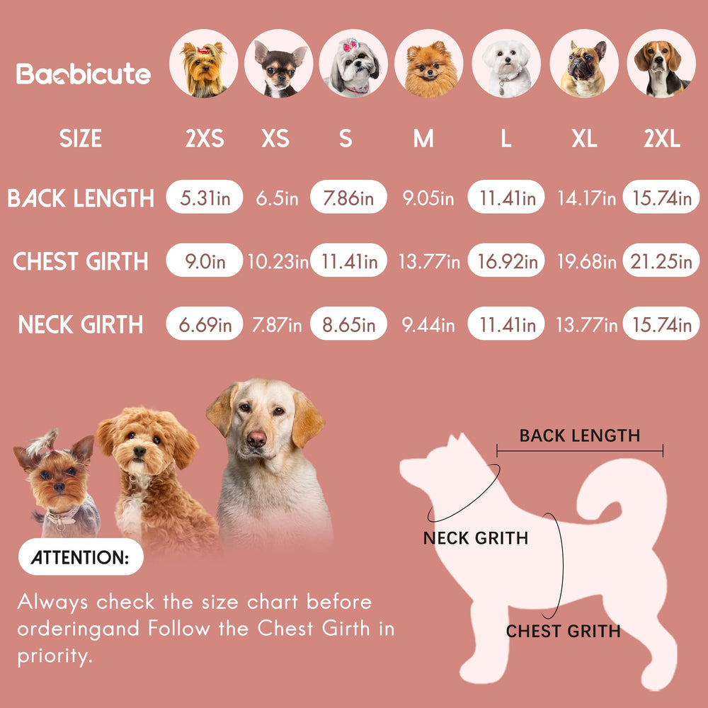 Baobicute pull chien guide tailles, ajustement précis pour petits chiens.