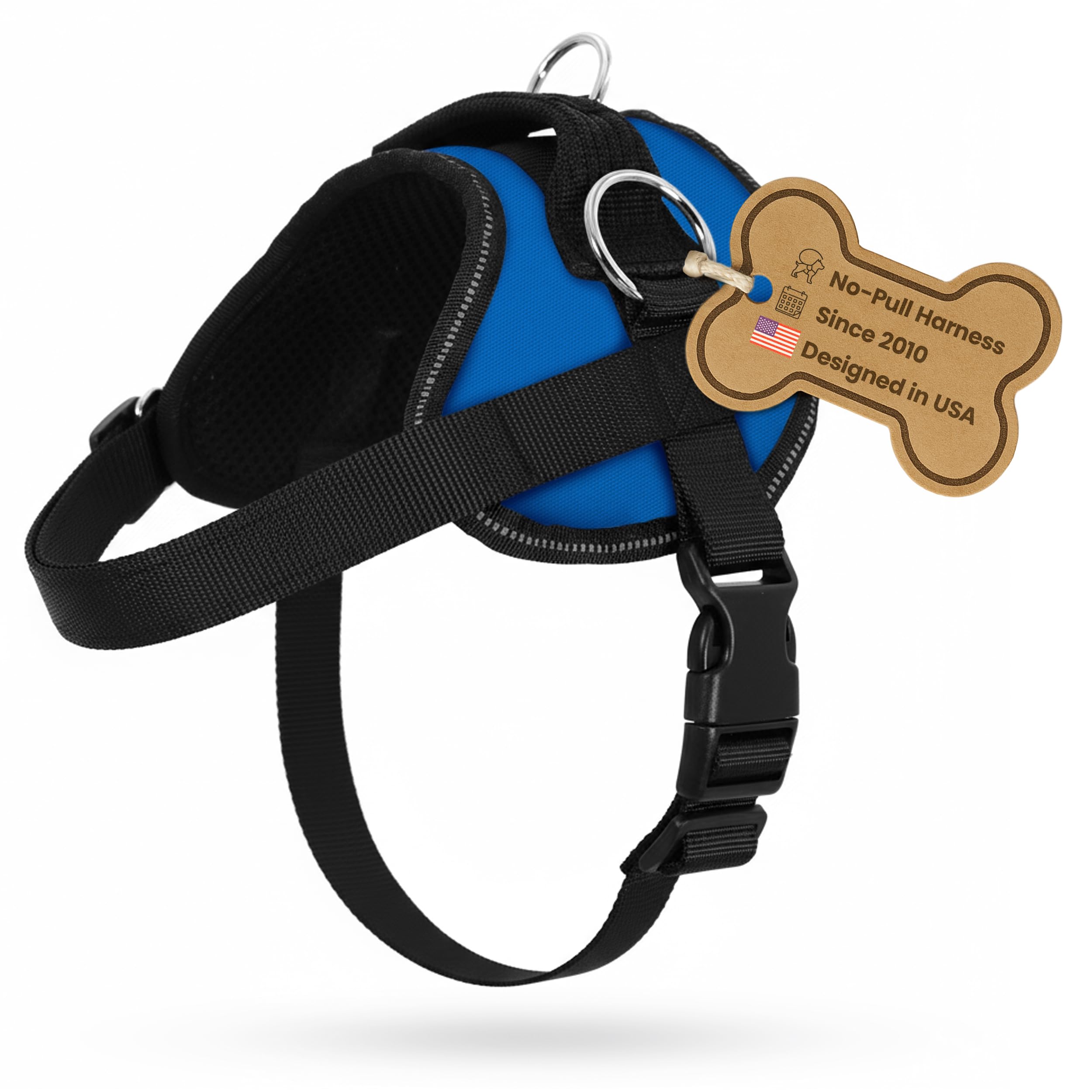 Harnais Bark Appeal anti-tir bleu XXL, vue avant, ajustement confortable sans tension.