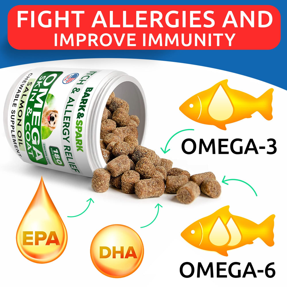 BARK&SPARK Omega3 bouchées saumon, formulation naturelle pour peau saine.