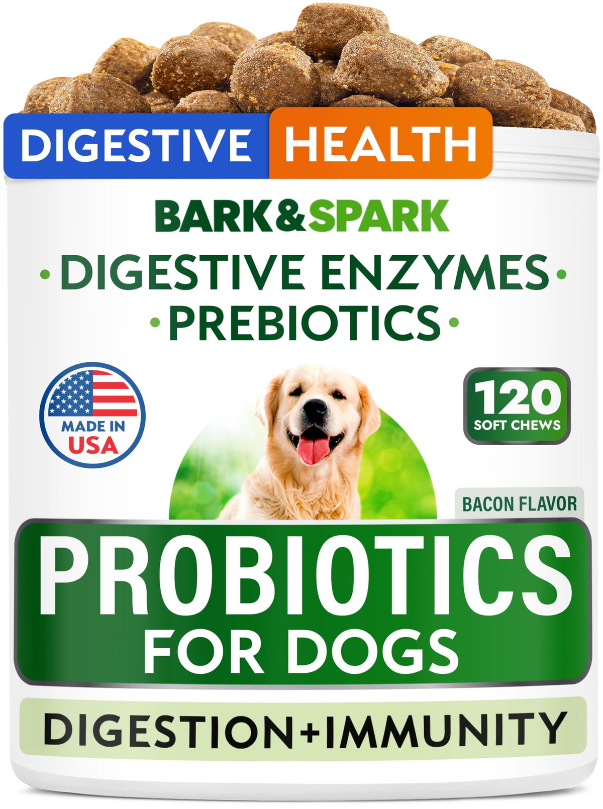 BARK&SPARK Probiotiques Chiens – bouchées saveur bacon pour soutien digestif quotidien.