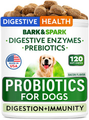 BARK&SPARK Probiotiques Chiens – bouchées saveur bacon pour soutien digestif quotidien.