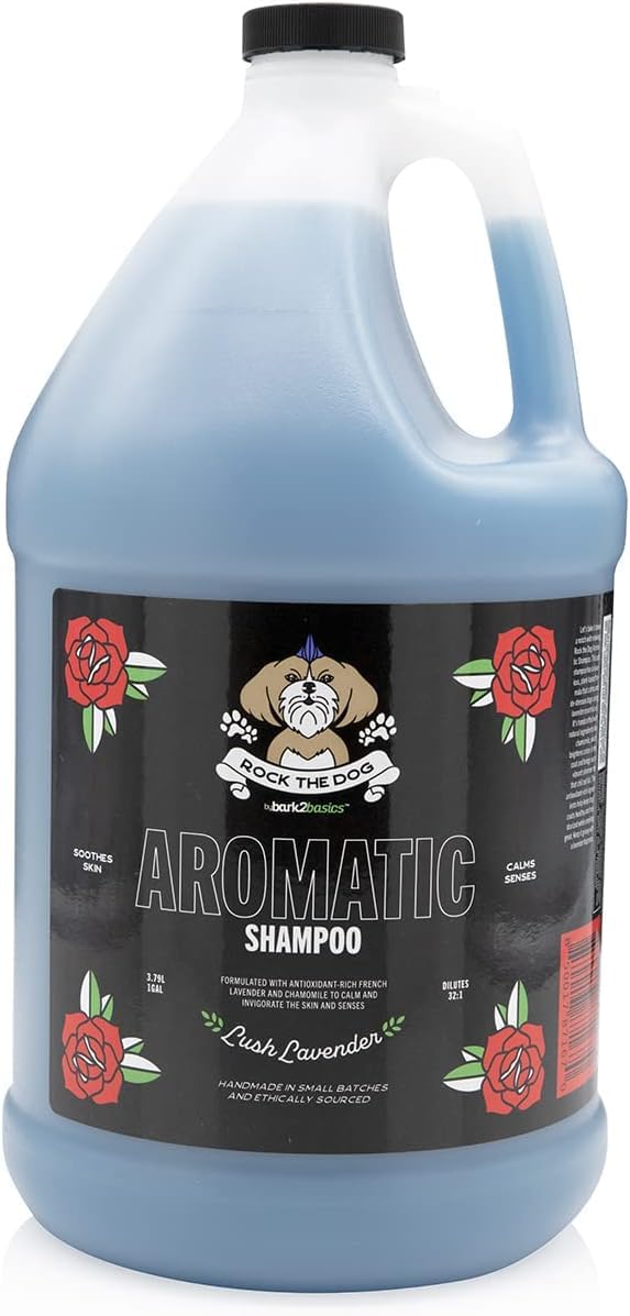 Bark2Basics Rock the Dog, bouteille lavande et camomille pour bain apaisant.
