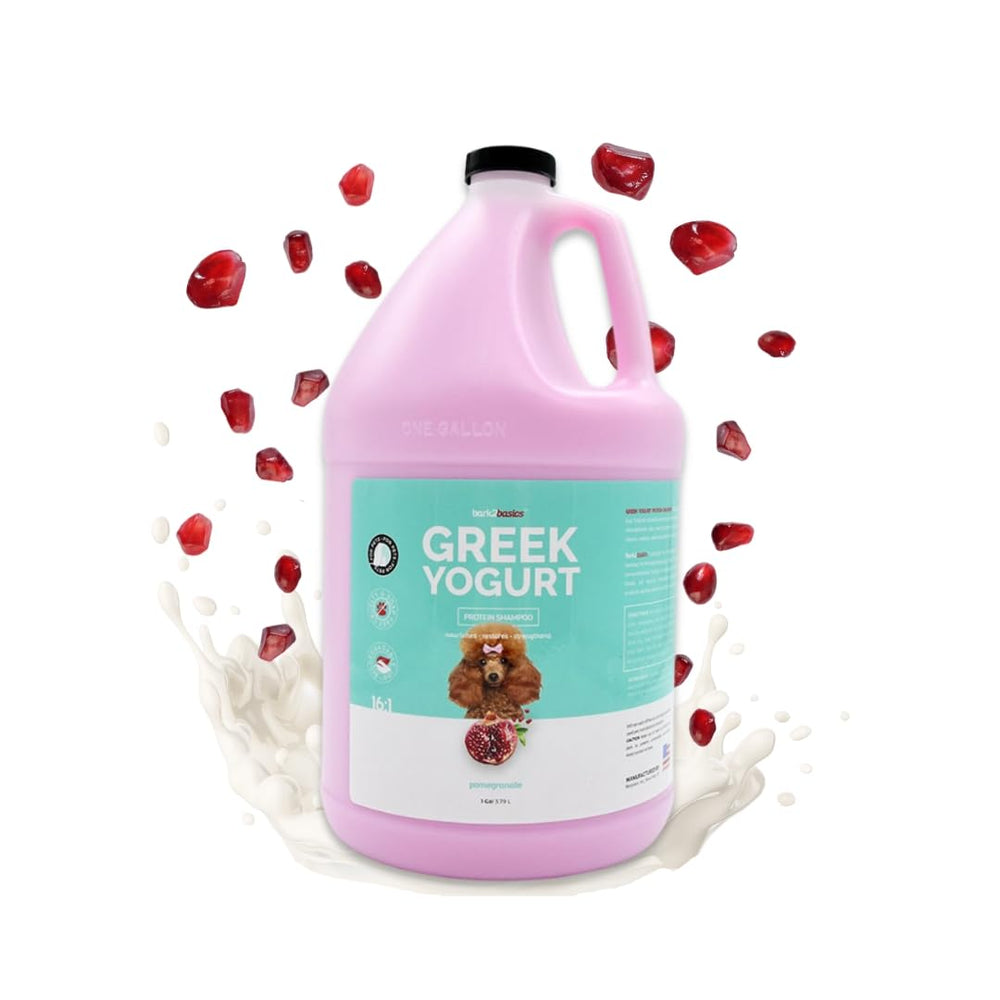 Shampoing Bark2Basics pour chien yaourt grec grenade, flacon nourrissant et nettoyant.