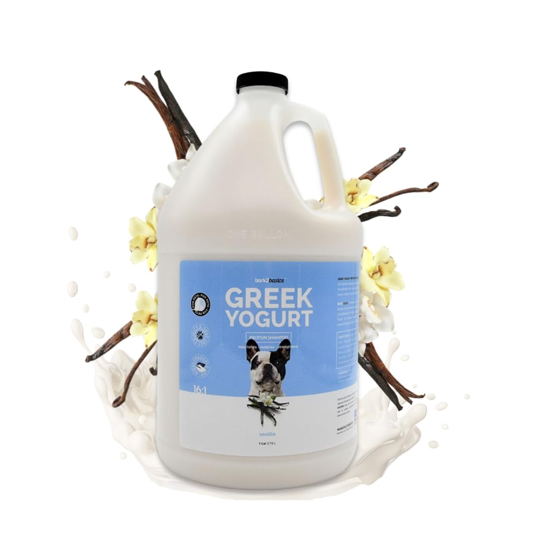 Bark2Basics Shampoing yaourt grec vanille — bouteille, application facile et nettoyage en douceur.